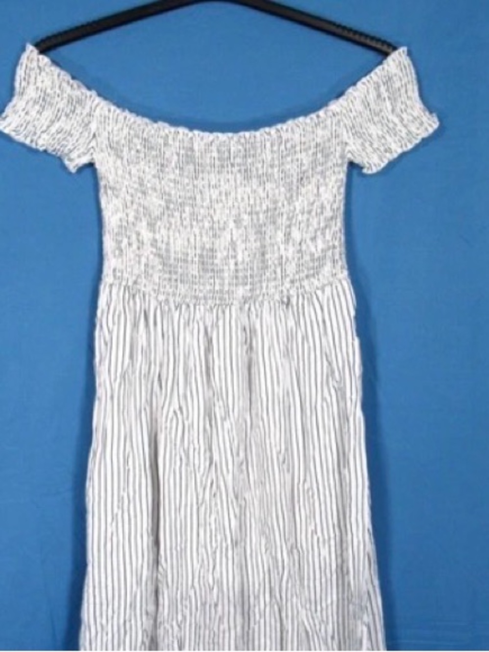 English Factory White and Gray Striped Off-Shoulder Dress